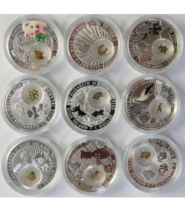 Good Luck – zestaw 9 srebrnych monet 1 Dollar Niue Island 2014, Ag 999, etui, certyfikaty