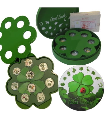 Good Luck – zestaw 9 srebrnych monet 1 Dollar Niue Island 2014, Ag 999, etui, certyfikaty