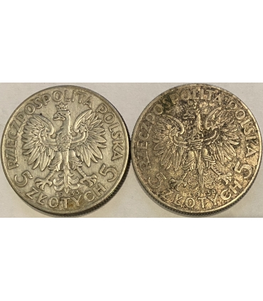 Lot 2x5 złotych głowa kobiety 1933, 1934, st. 3