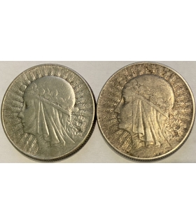 Lot 2x5 złotych głowa kobiety 1933, 1934, st. 3