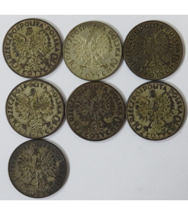 Lot 7x 10 złotych Głowa kobiety 1932, 1933, stan 3