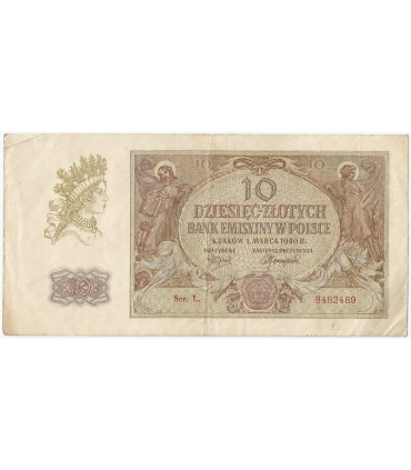 10 złotych 1940, stan 3-/4+, losowa seria i numeracja