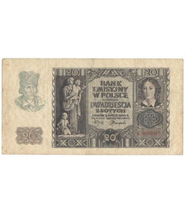 20 złotych 1940, stan 3-/4+, losowa seria i numeracja