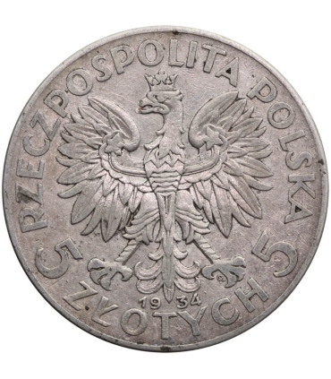 5 złotych głowa kobiety 1934, stan 3+