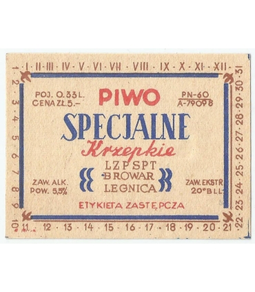 PRL Etykieta zastępcza „Piwo Specjalne Krzepkie” 0,33 l – Browar Legnica (LZPSPT) – 5,5% – 20° Blg