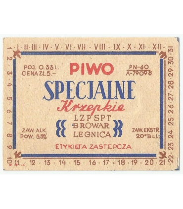 PRL Etykieta zastępcza „Piwo Specjalne Krzepkie” 0,33 l – Browar Legnica (LZPSPT) – 5,5% – 20° Blg
