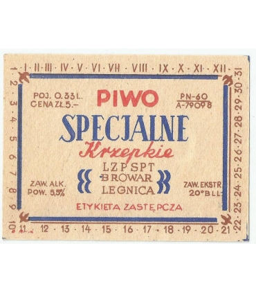 PRL Etykieta zastępcza „Piwo Specjalne Krzepkie” 0,33 l – Browar Legnica (LZPSPT) – 5,5% – 20° Blg
