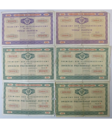 PKO – Premiowe bony oszczędnościowe 1971: 2×1000 zł + 4×250 zł  – komplet 6 szt.