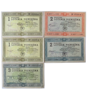 PRL – Krajowa Loteria Pieniężna 1951–1952 – zestaw 5 losów (1., 2. i 3. loteria)