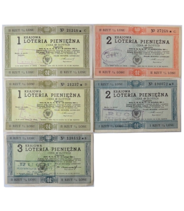 PRL – Krajowa Loteria Pieniężna 1951–1952 – zestaw 5 losów (1., 2. i 3. loteria)
