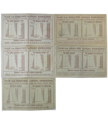PRL – Krajowa Loteria Pieniężna 1951–1952 – zestaw 5 losów (1., 2. i 3. loteria)