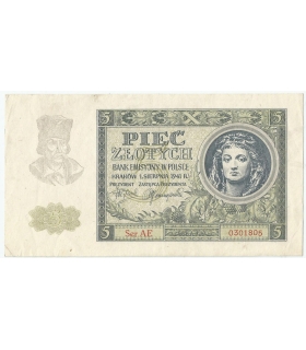 Banknot 5 złotych 1941 stan 2-, Ser. AE