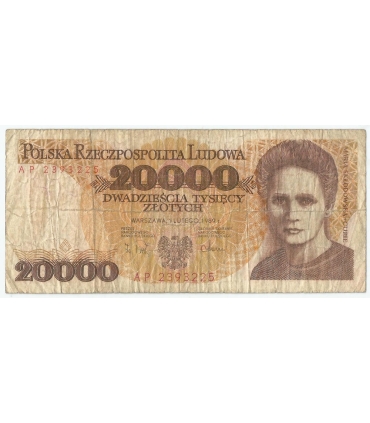 20000 zł, Maria Skłodowska-Curie, 1989, seria AP, stan 3-/4+