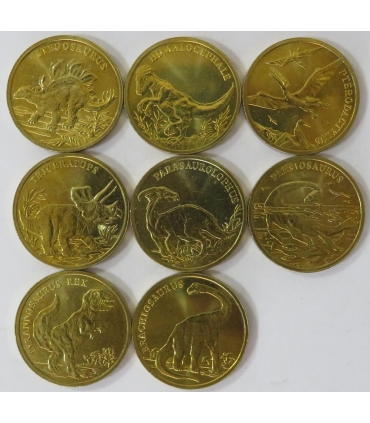 Zestaw 8 numizmatów z dinozaurami