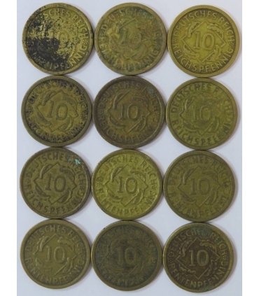 Lot Niemcy - 12x 10 reichsfenigów, 1924-1925