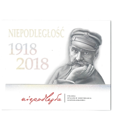 20 zł 100 rocznica niepodległości, Piłsudski, 2018 + folder PWPW