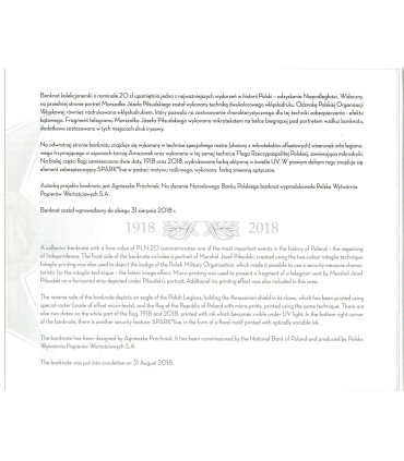20 zł 100 rocznica niepodległości, Piłsudski, 2018 + folder PWPW