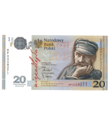 20 zł 100 rocznica niepodległości, Piłsudski, 2018 + folder PWPW