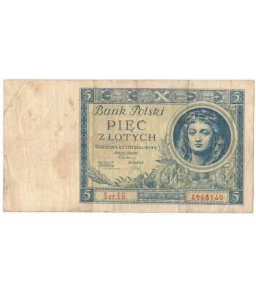5 złotych 1930 rok, seria EG, stan 4+