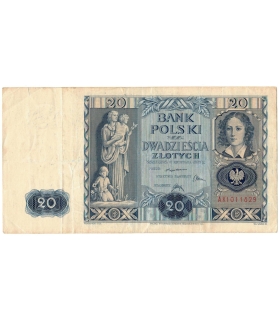 Banknot 20zł, 1936r, seria AK stan 3-