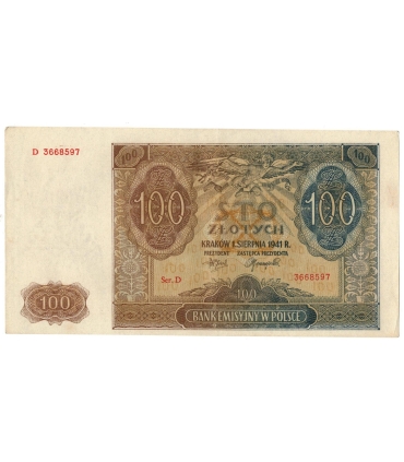Banknot 100 złotych 1941 stan 3, Ser. D