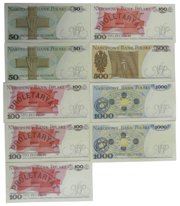 Zestaw 9 nieobiegowych banknotów PRL
