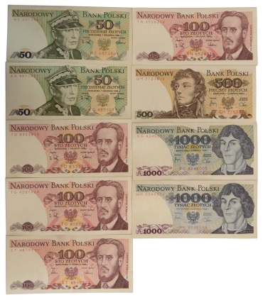 Zestaw 9 nieobiegowych banknotów PRL