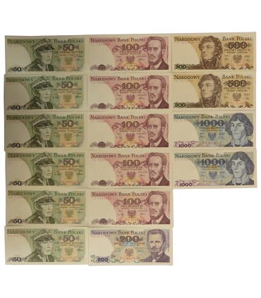 Zestaw 9 nieobiegowych banknotów PRL