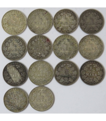 Lot 14x 1/2 marki, Cesarstwo Niemieckie, 1905-1918, mix roczników, srebro