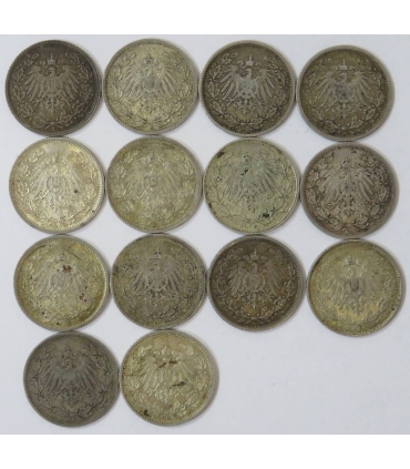 Lot 14x 1/2 marki, Cesarstwo Niemieckie, 1905-1918, mix roczników, srebro