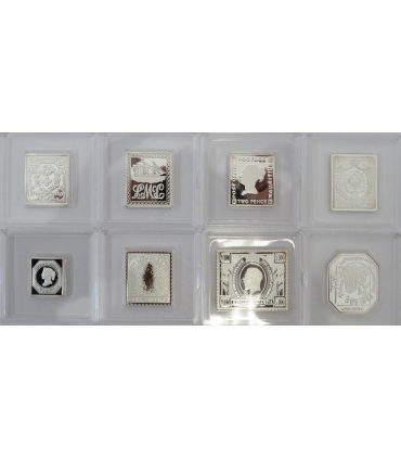 Zestaw 8 replik najsłynniejszych znaczków pocztowych Srebro Ag999 56,56g+ kaseta