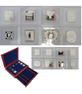 Zestaw 8 replik najsłynniejszych znaczków pocztowych Srebro Ag999 56,56g+ kaseta