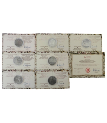 Starożytne cuda świata - 7 numizmatów w etui, komplet certyfikatów, srebro Ag925