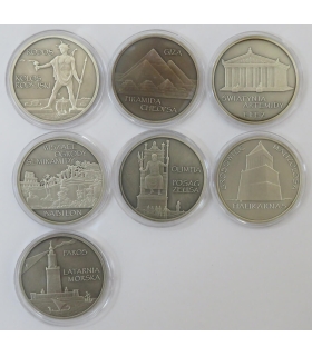 Starożytne cuda świata - 7 numizmatów w etui, komplet certyfikatów, srebro Ag925