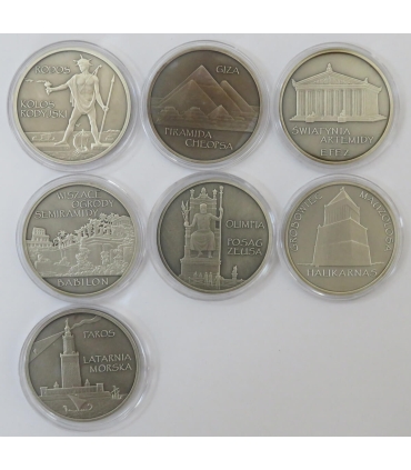 Starożytne cuda świata - 7 numizmatów w etui, komplet certyfikatów, srebro Ag925