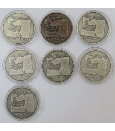 Starożytne cuda świata - 7 numizmatów w etui, komplet certyfikatów, srebro Ag925