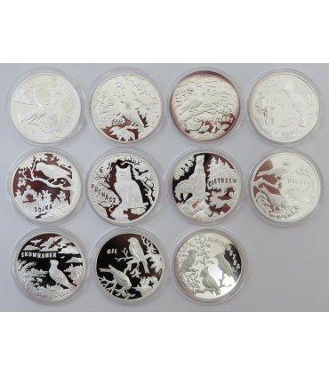 Zestaw 11 medali w etui z serii - Podniebne Głosy - ptaki, Srebro Ag925