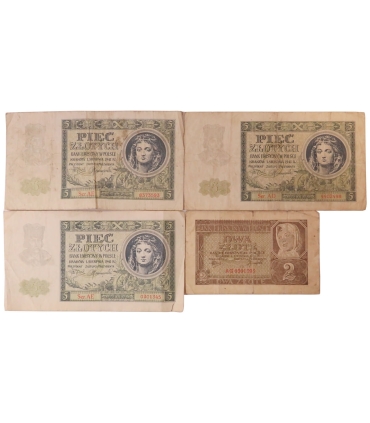 Lot 3x Banknot 5 złotych 1941 + 1x 2 złote 1941