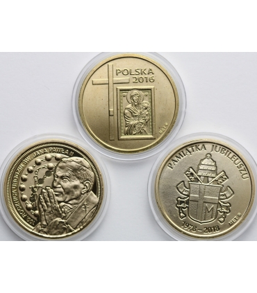 Zestaw 3 Medali Pamiątkowych – Jan Paweł II i Kardynał Stefan Wyszyński | Pozłacane