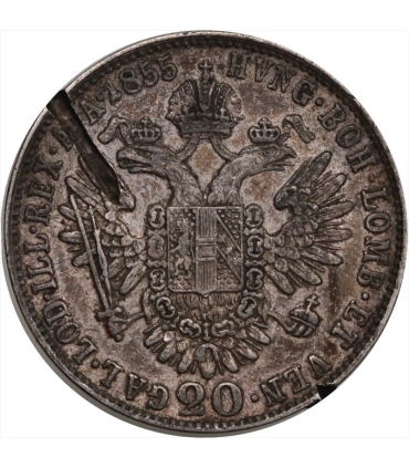 20 Krajcarów – Austro-Węgry, Franciszek Józef I, 1855 A (Wiedeń), srebro, st.  4-