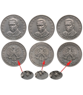 3x 20 złotych Nowotko 1976 ze znakiem mennicy, odmiany A, B, C