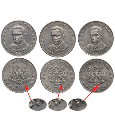 3x 20 złotych Nowotko 1976 ze znakiem mennicy, odmiany A, B, C