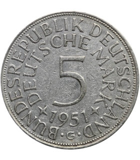 Niemcy 5 marek 1951 G, stan 3, SREBRO