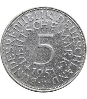 Niemcy 5 marek 1951 D, stan 3, SREBRO