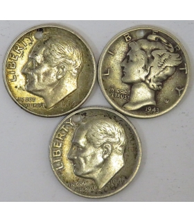 Zestaw 3 monet USA - Mercury oraz Roosevelt 10 centów Dime, 1943, 1946, 1964, srebro