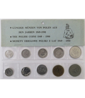 Zestaw 10 monet obiegowych Polski z lat 1949–1990 w blistrze