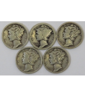 USA, zestaw 5 x 1 Dime Mercury 1916–1942, srebro