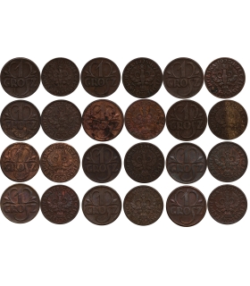 1 grosz II RP zestaw 12 monet, 12 roczników 1923–1939 (KAŻDY INNY), b. ładne