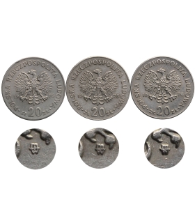 3x 20 złotych Nowotko 1976 ze znakiem mennicy, odmiany A, B, C