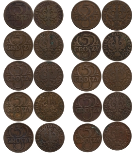 Lot: 5 x 5 groszy: 1925, 1928, 1931, 1935, 1936